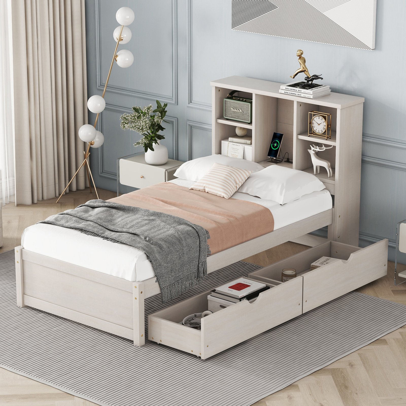 Modern Twin Size Bed Frame With Built-in USB Port on Bookcase Headboard and 2 Drawers for White Washed Color photo review