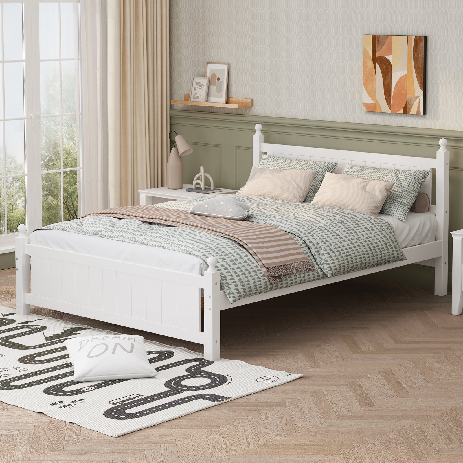 Queen Size Solid Wood Platform Bed Frame for Kids, Teens, Adults, No Need Box Spring, White photo review