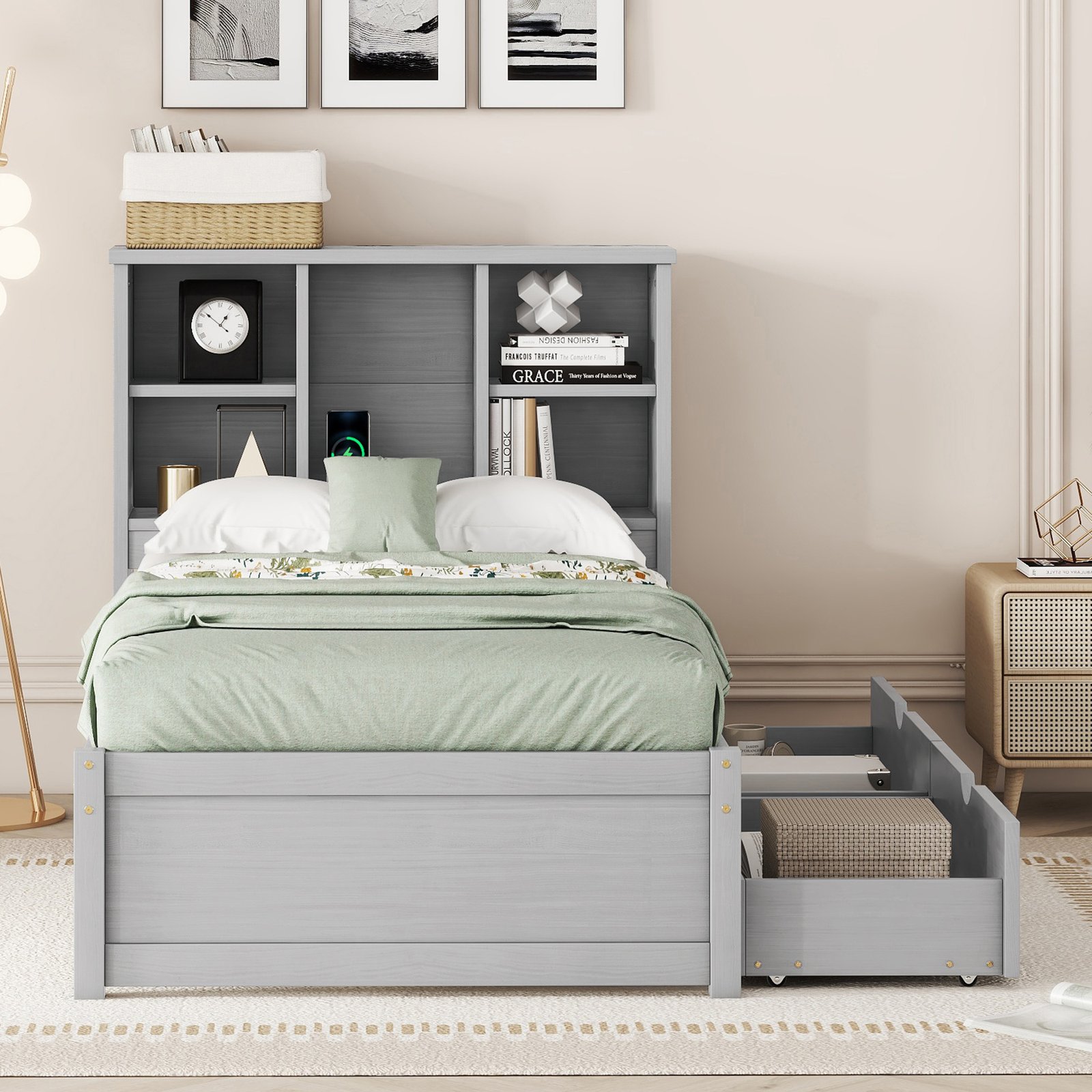 Modern Twin Size Bed Frame With Built-in USB Port on Bookcase Headboard and 2 Drawers for Grey Color photo review