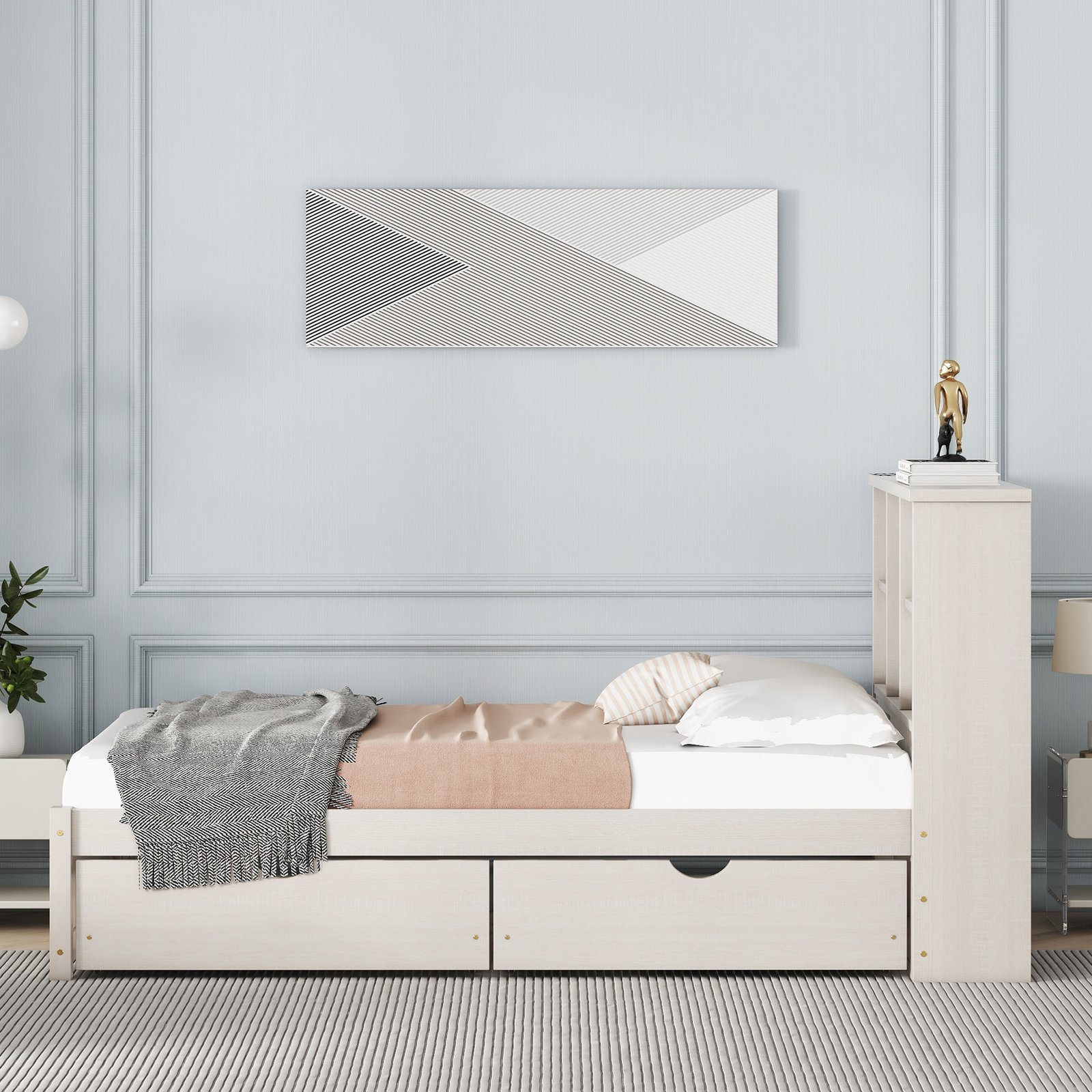 Modern Twin Size Bed Frame With Built-in USB Port on Bookcase Headboard and 2 Drawers for White Washed Color photo review