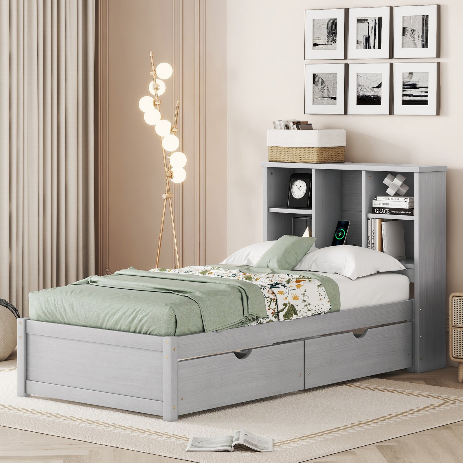 Modern Twin Size Bed Frame With Built-in USB Port on Bookcase Headboard and 2 Drawers for Grey Color photo review