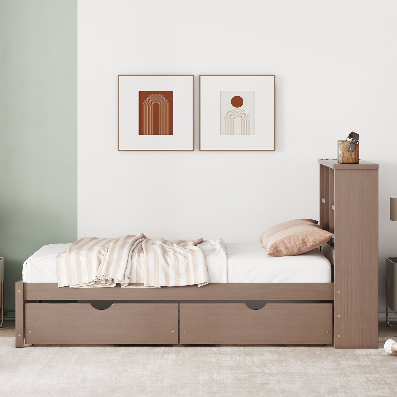 Modern Twin Size Bed Frame With Built-in USB Port on Bookcase Headboard and 2 Drawers for Walnut Color photo review