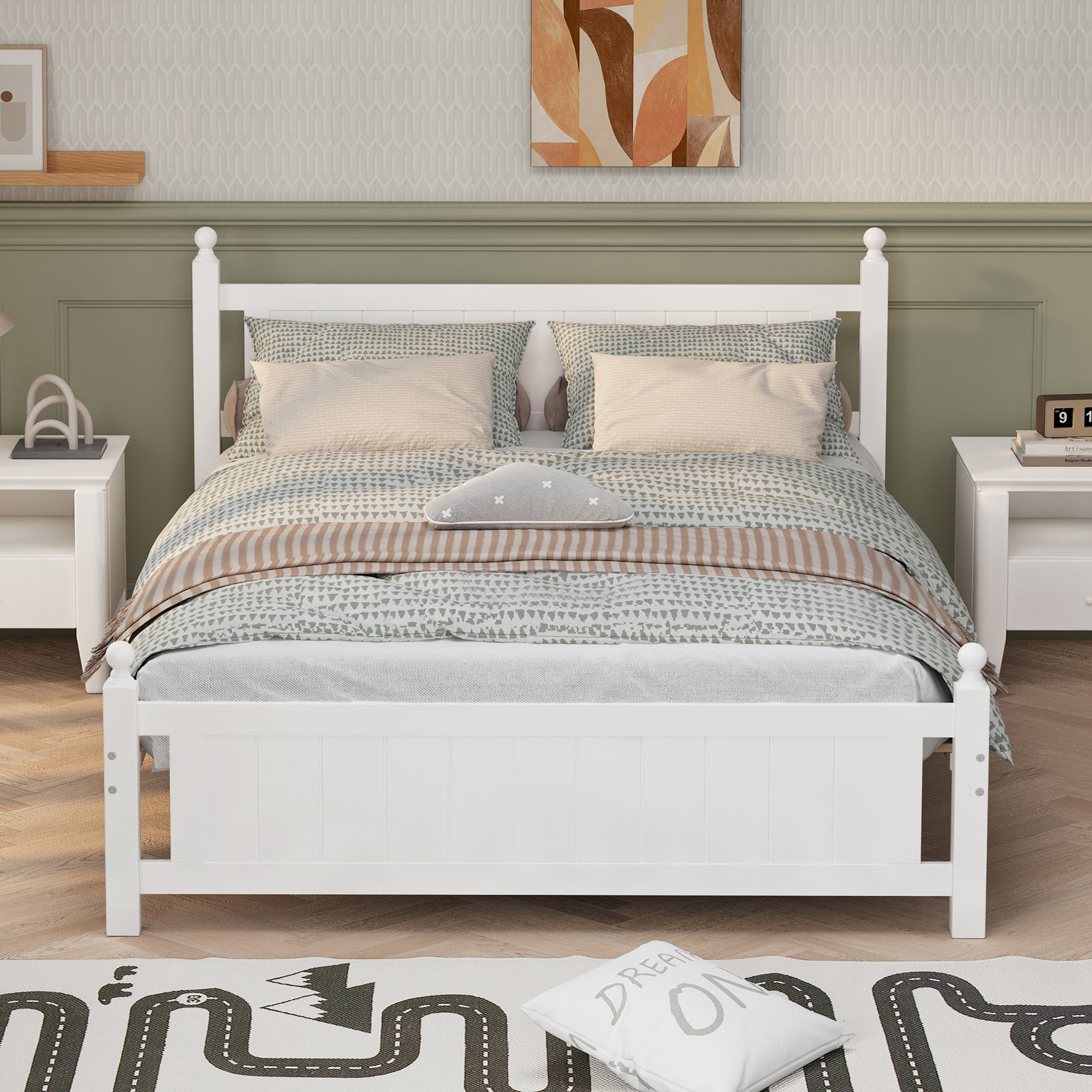 Queen Size Solid Wood Platform Bed Frame for Kids, Teens, Adults, No Need Box Spring, White photo review