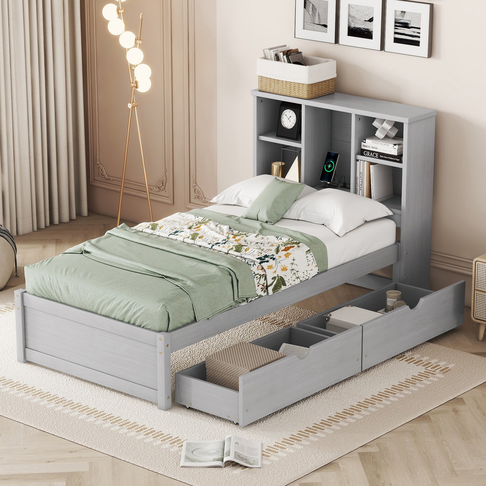 Modern Twin Size Bed Frame With Built-in USB Port on Bookcase Headboard and 2 Drawers for Grey Color photo review