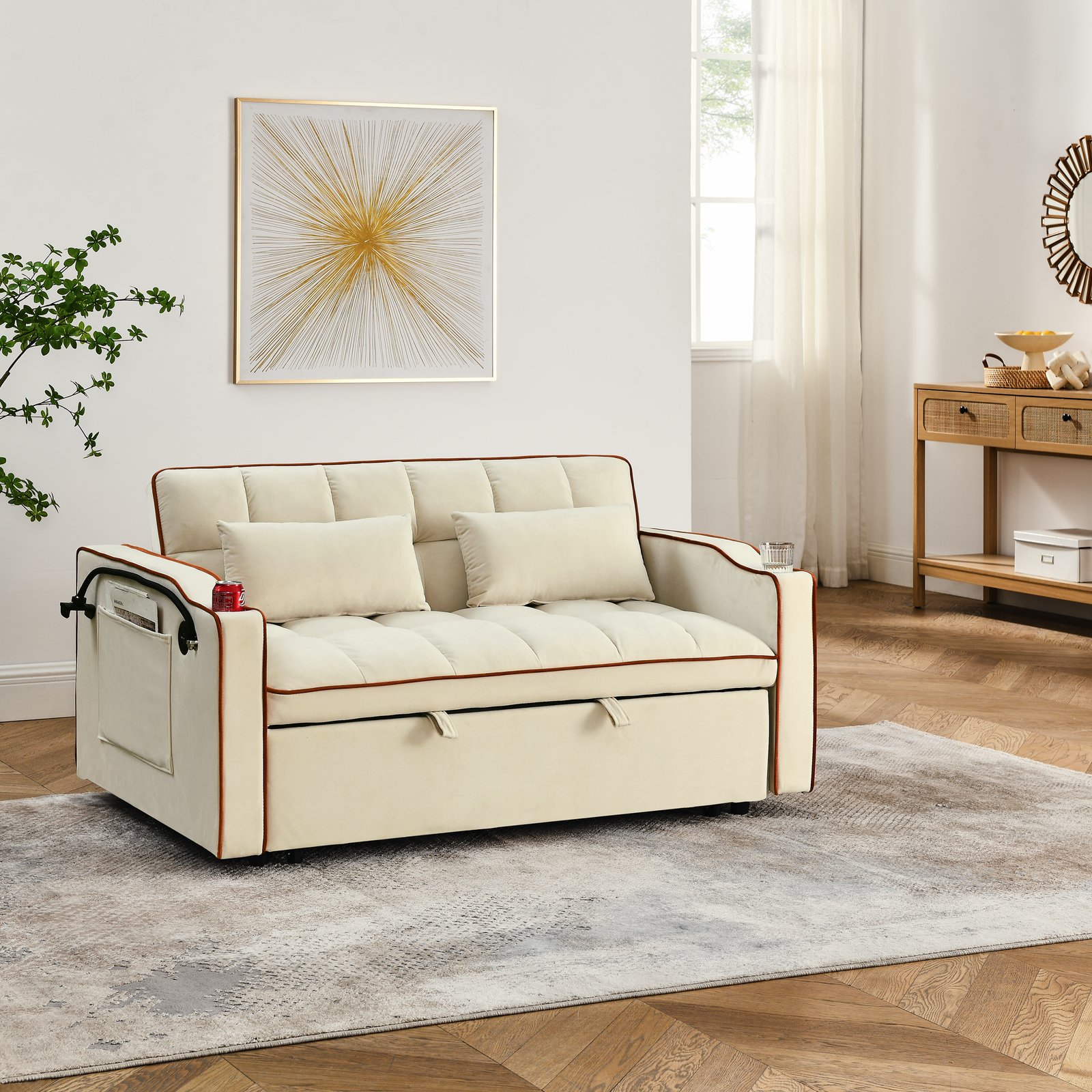 55.51 inch versatile foldable sofa bed in 3 lengths, modern sofa sofa sofa velvet pull-out bed, adjustable back and with USB port and ashtray and swivel phone stand (Beige) photo review