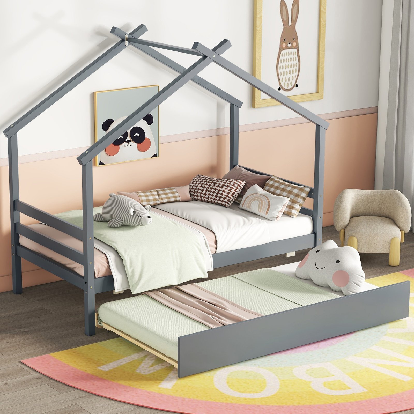 Twin Size  House-shaped Bed with Trundle,Grey photo review