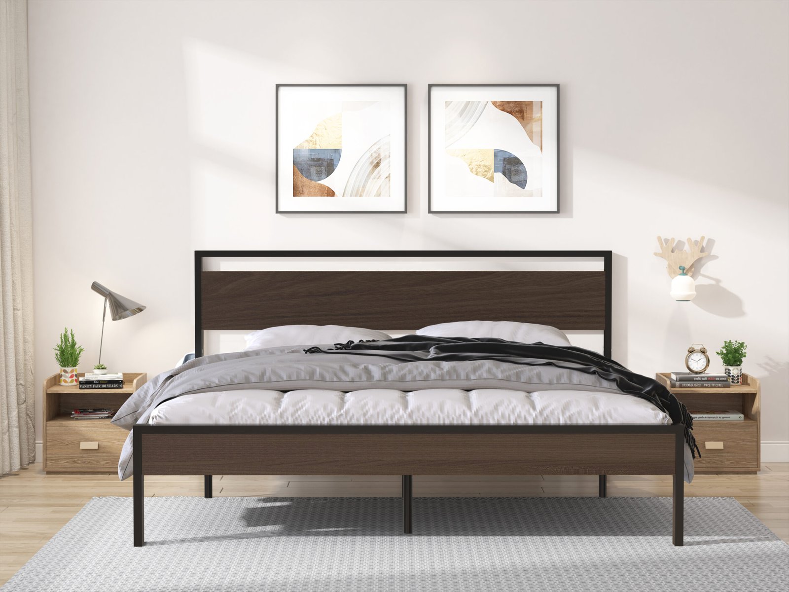 Ceres Metal Bed, Black with Walnut wood Headboard&Footboard, King photo review