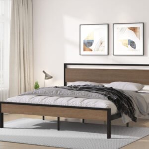 Ceres Metal Bed, Black with Cinnamon Wood Headboard&Footboard, King