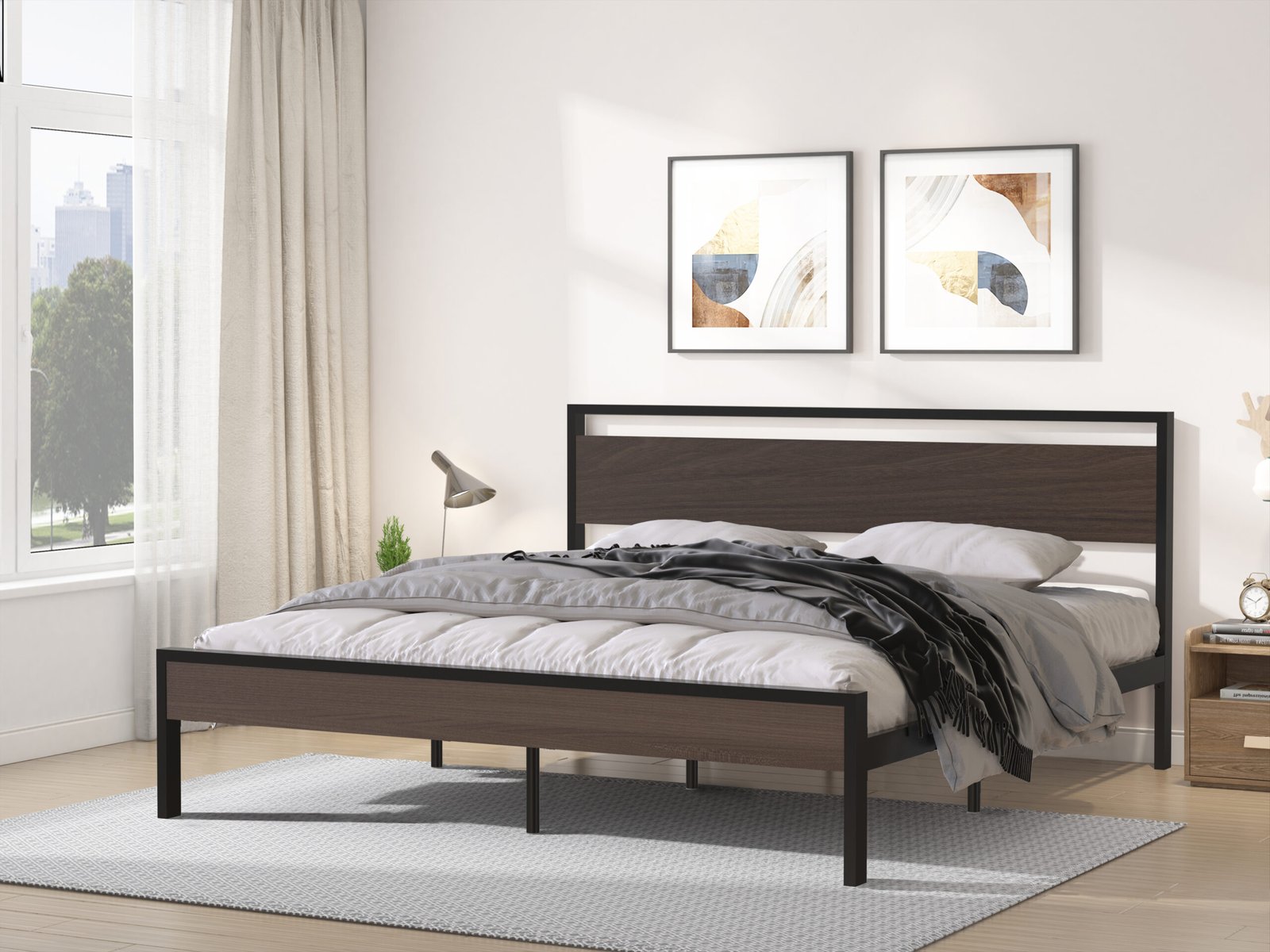 Ceres Metal Bed, Black with Walnut wood Headboard&Footboard, King photo review
