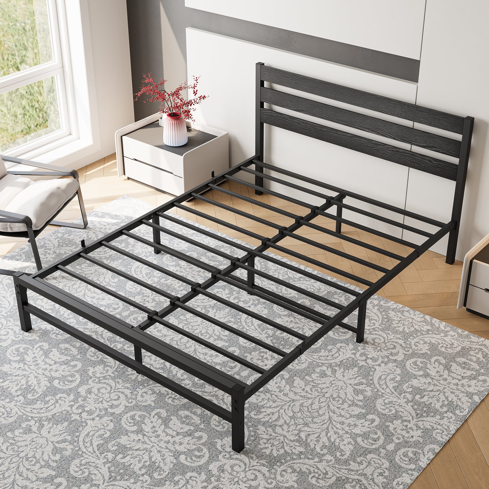 Queen Size Platform Bed Frame with Wooden Headboard, Under Bed Storage, Non-Slip, Noise Free, Easy Assembly, Black photo review