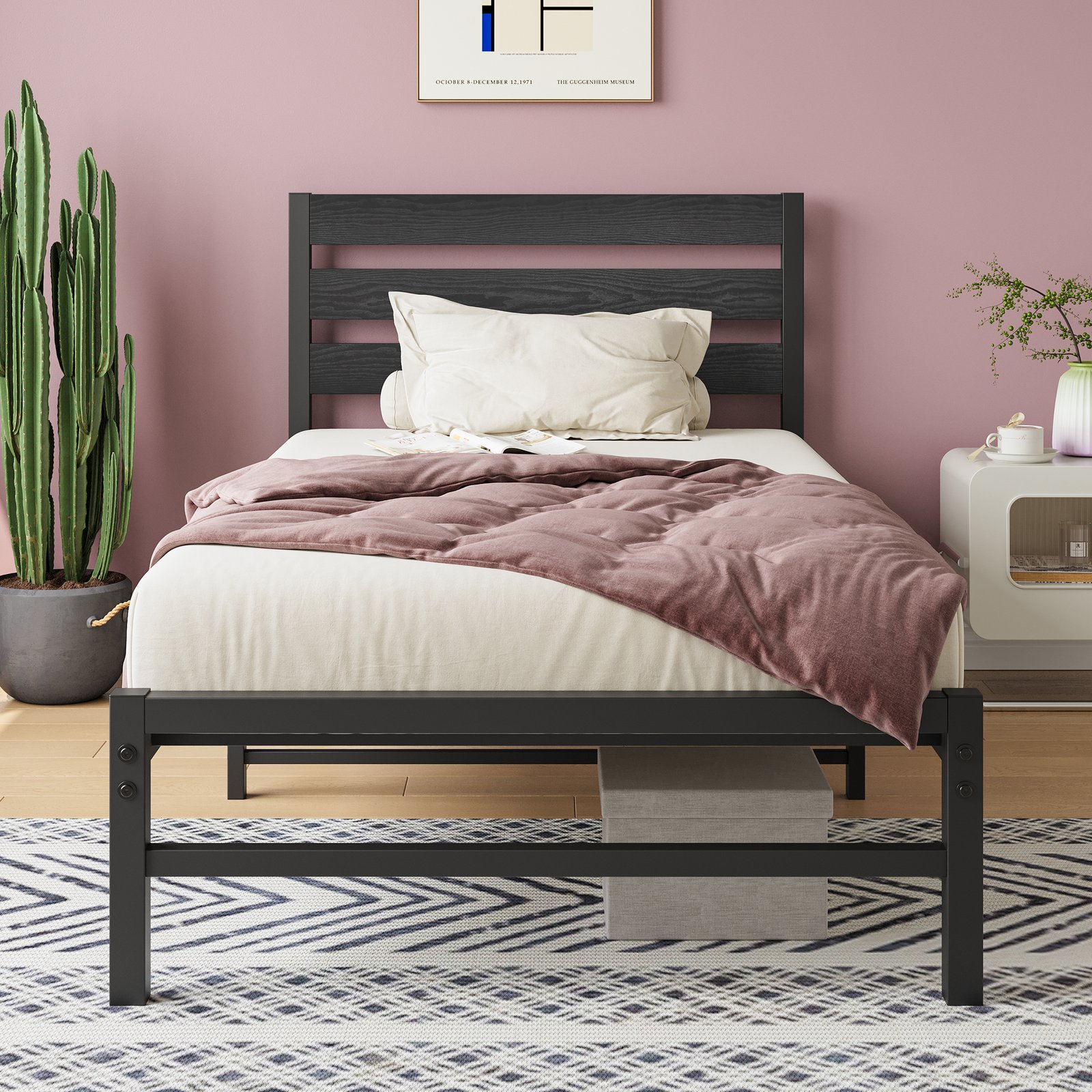 Twin Size Platform Bed Frame with Rustic Vintage Wood Headboard, No Box Spring Needed Black photo review