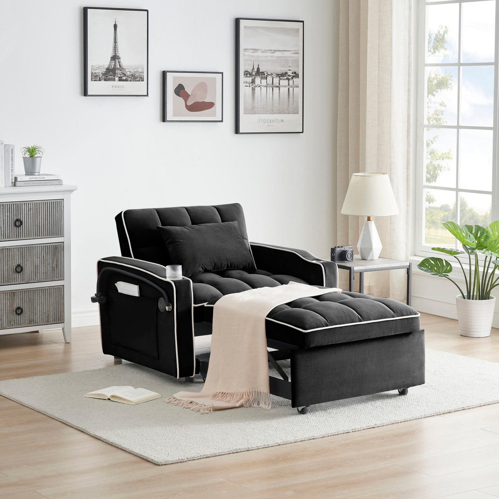 1 versatile foldable sofa bed in 3 lengths, modern sofa sofa sofa velvet pull-out bed, adjustable back and with USB port and ashtray and swivel phone stand black photo review