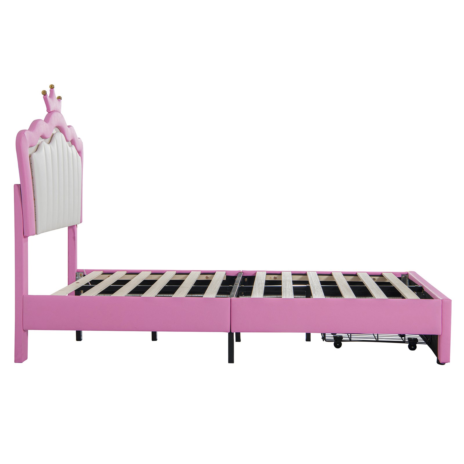Twin Size Upholstered Bed Frame with LED Lights, Modern Upholstered Princess Bed with Crown Headboard, a Drawer, Pink+White photo review