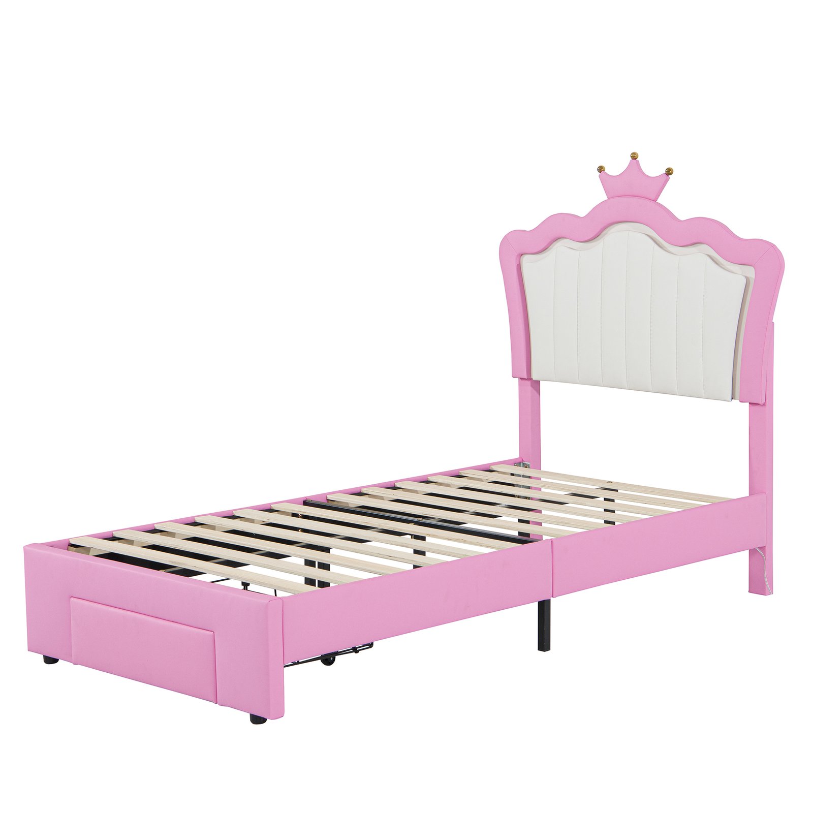 Twin Size Upholstered Bed Frame with LED Lights, Modern Upholstered Princess Bed with Crown Headboard, a Drawer, Pink+White photo review