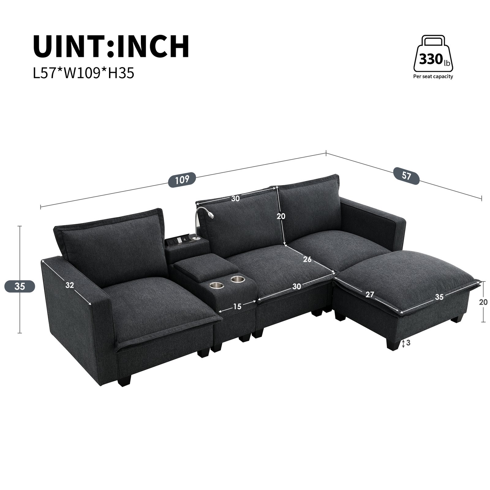 [VIDEO provided][New]109*57"Modern Sectional Cloud Sofa with Console,USB Charging Port,Reading Light,Cup Holder,4 Seat Chenille Modular Couch,Storable Indoor Funiture for Living Room,Apartment,2 Color photo review