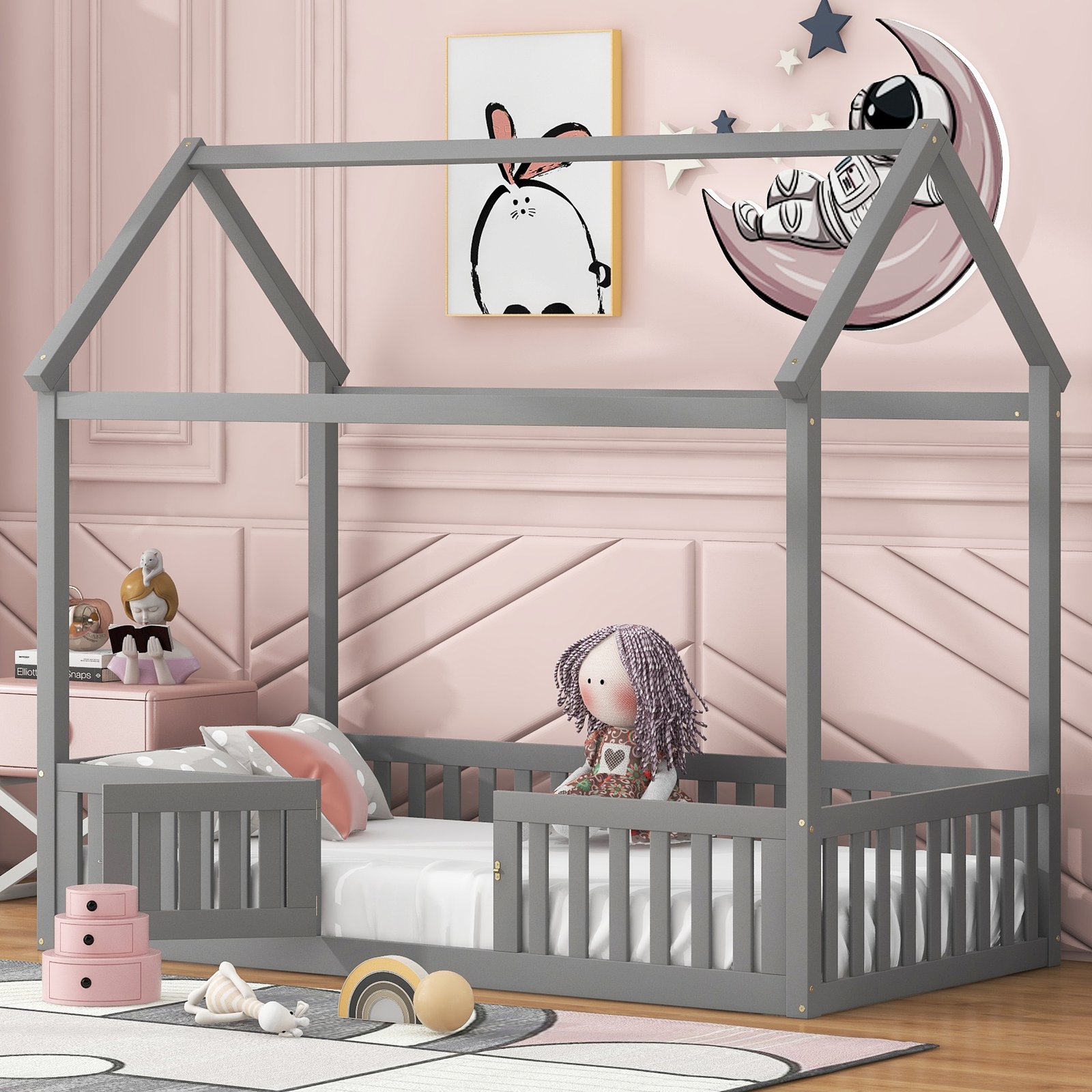 Twin Size Wood House Bed with Fence and Door, Gray(Old SKU: WF303131AAE) photo review