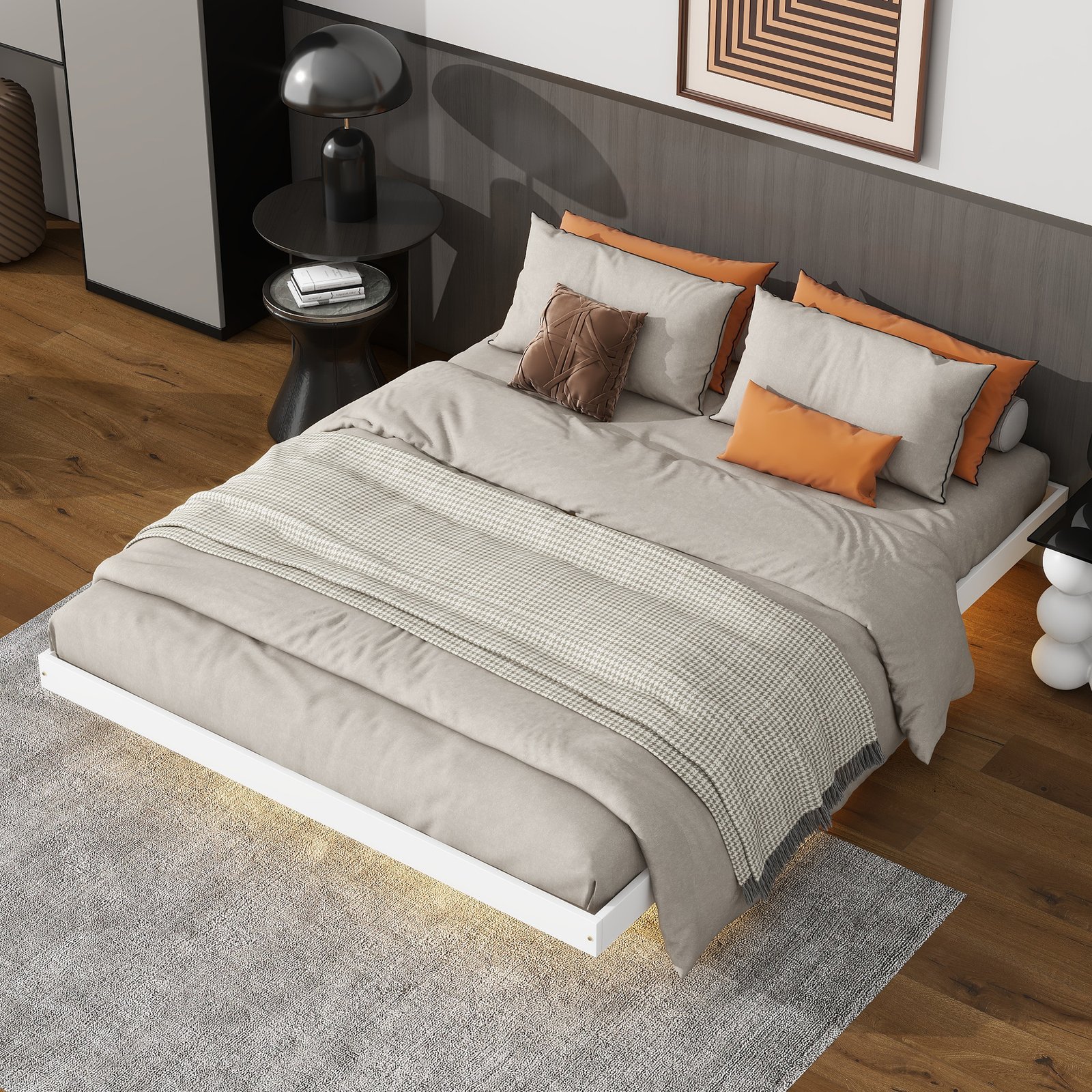 Queen Size Floating Bed with LED Lights Underneath,Modern Queen Size Low Profile Platform Bed with LED Lights,White photo review