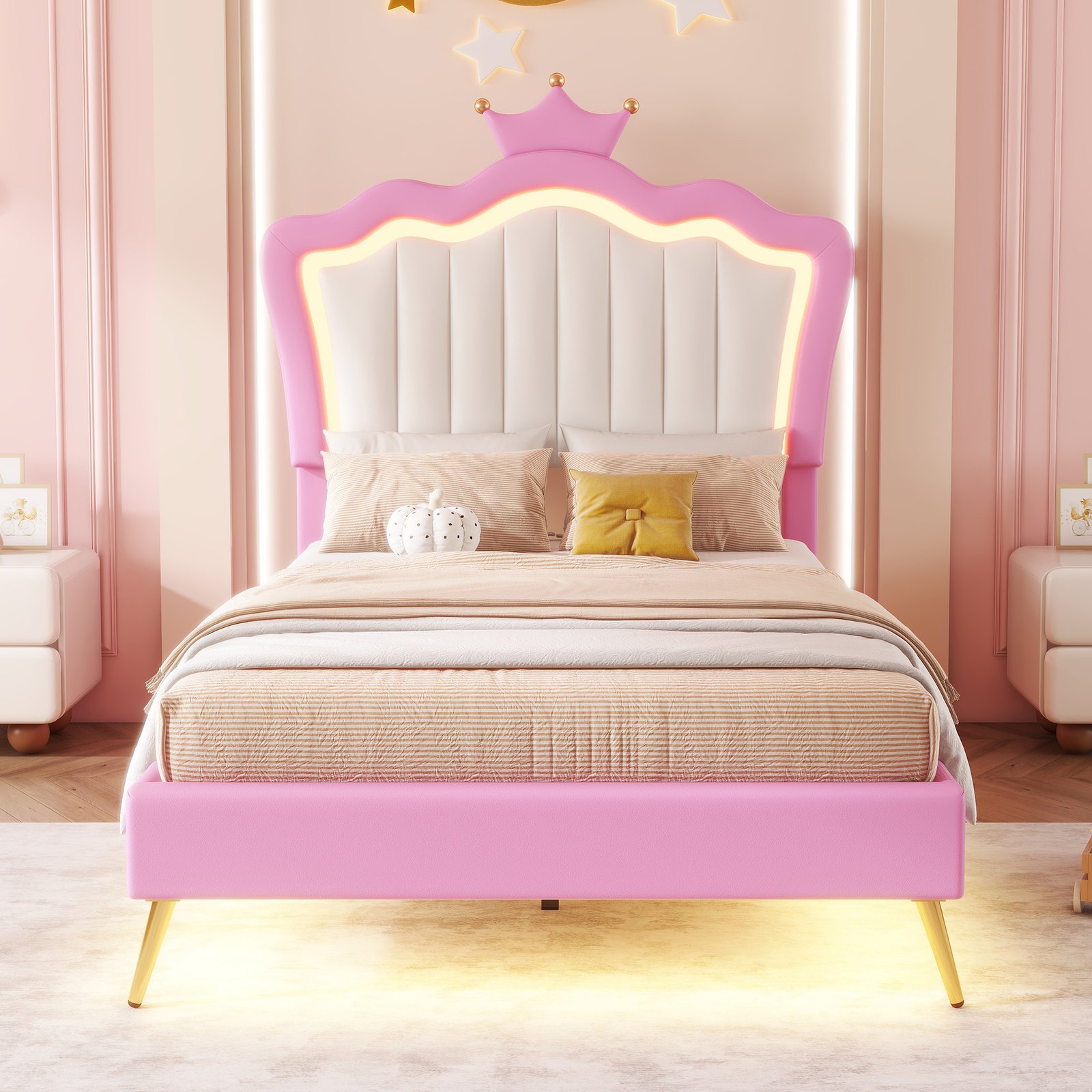 Twin Size Upholstered Bed Frame with LED Lights, Modern Upholstered Princess Bed with Crown Headboard, Pink+White photo review