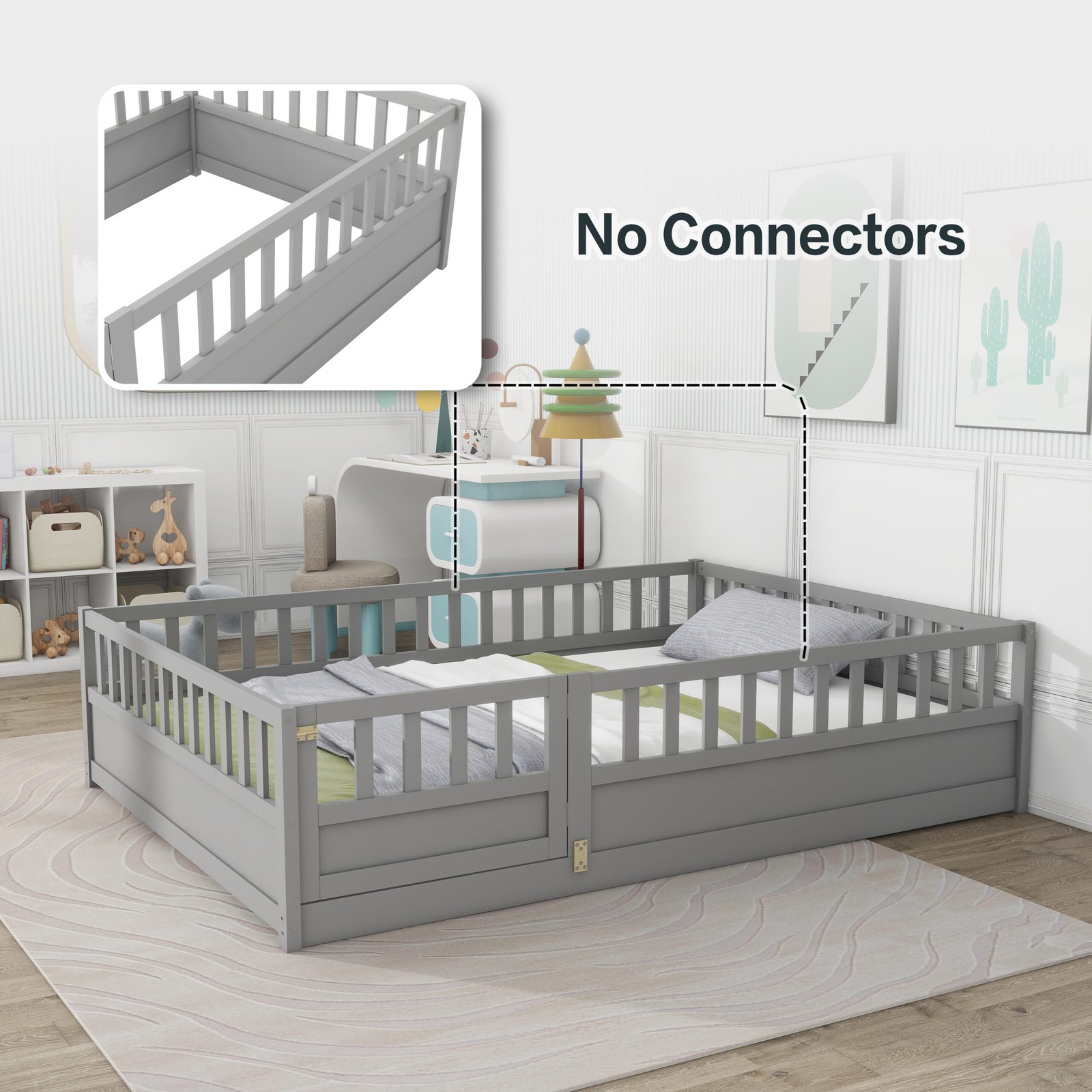 Full size  Floor bed, integral construction with super high security barrier, door, children's floor bed frame, Montessori wooden children's floor bed,  Grey photo review