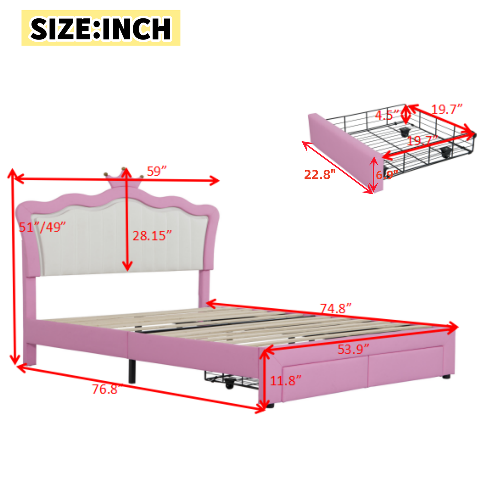 Full Size Upholstered Bed Frame with LED Lights, Modern Upholstered Princess Bed with Crown Headboard, 2 Drawers, Pink+White photo review