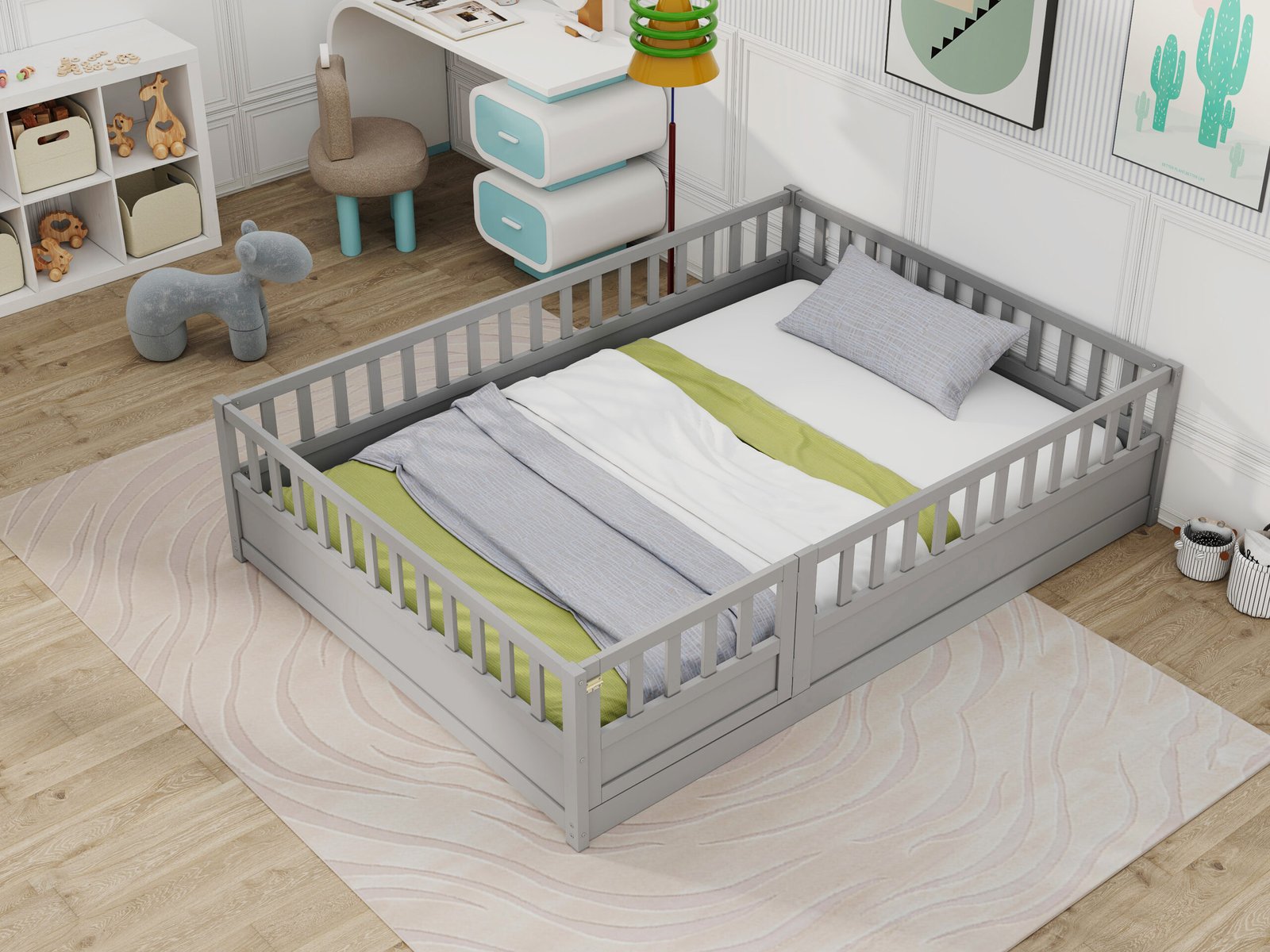 Full size  Floor bed, integral construction with super high security barrier, door, children's floor bed frame, Montessori wooden children's floor bed,  Grey photo review