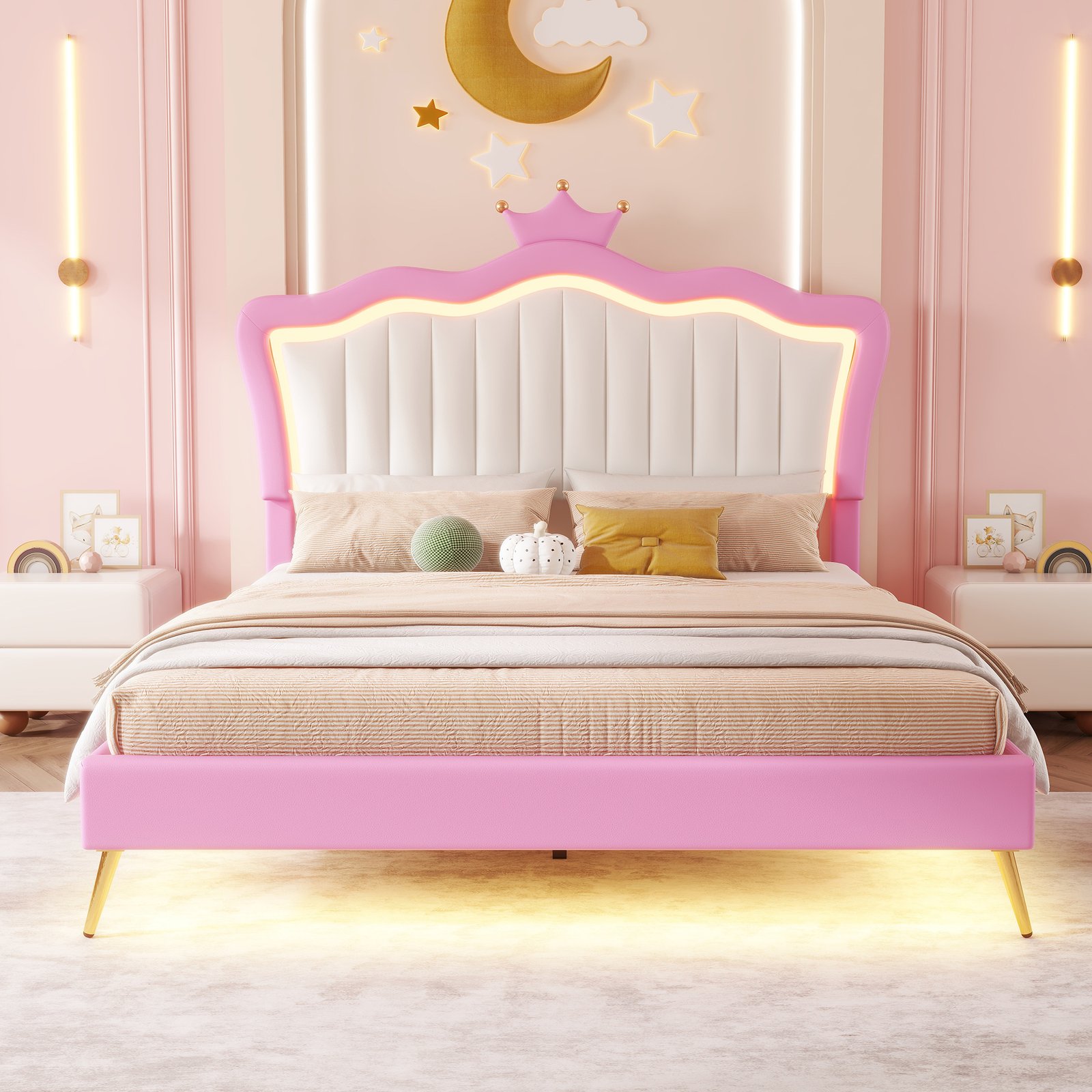 Full Size Upholstered Bed Frame with LED Lights, Modern Upholstered Princess Bed with Crown Headboard, Pink+White photo review