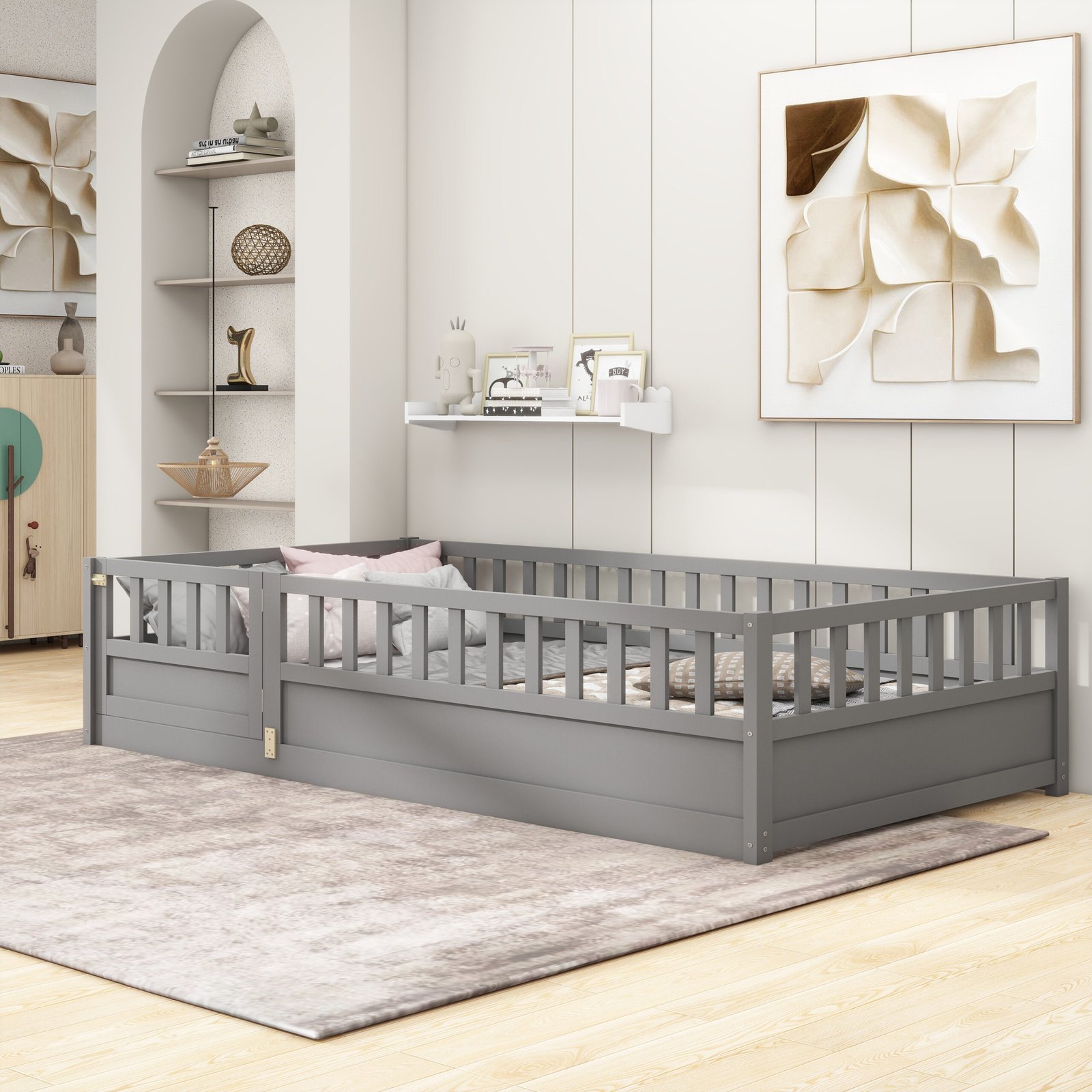 Twin Size Floor bed, integral construction with super high security barrier, door, children's floor bed frame, Montessori wooden children's floor bed, Support slat Grey photo review