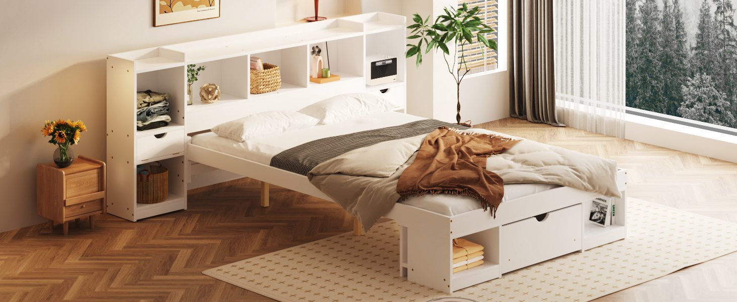 Queen Size Wood Platform Bed with Multi-storage Headboard and a Drawer, White photo review