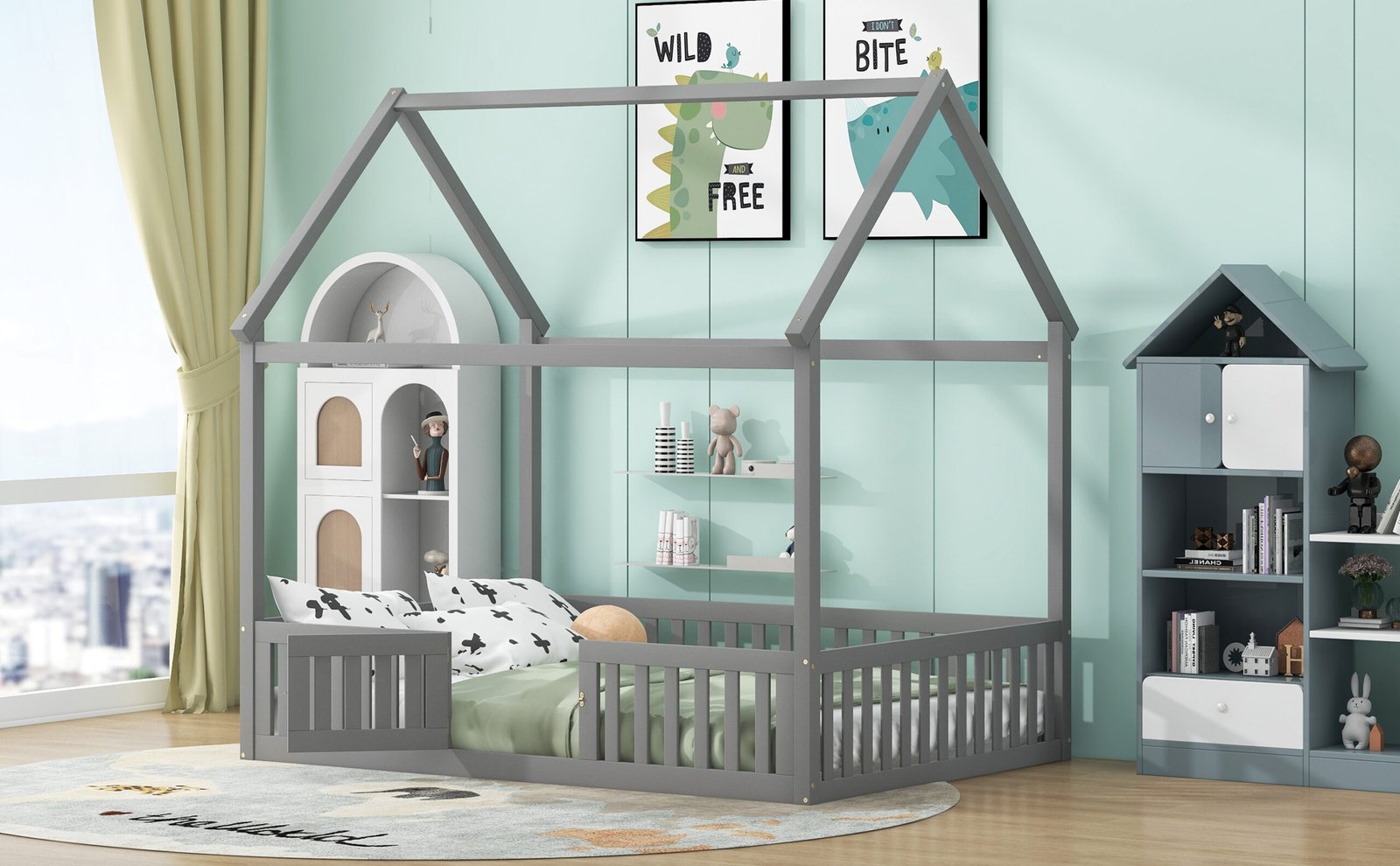 Full Size Wood House Bed with Fence and Door, Gray photo review