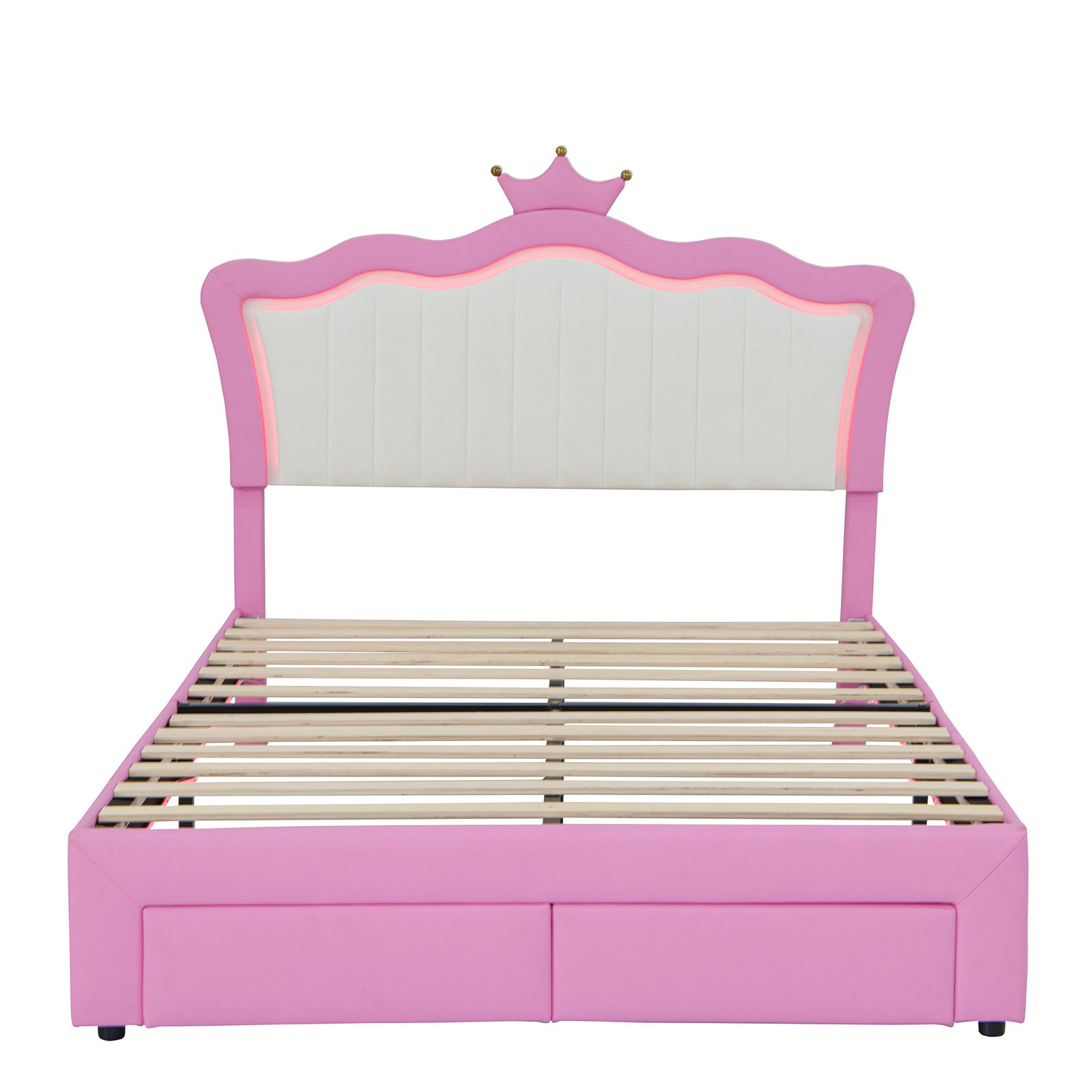 Full Size Upholstered Bed Frame with LED Lights, Modern Upholstered Princess Bed with Crown Headboard, 2 Drawers, Pink+White photo review