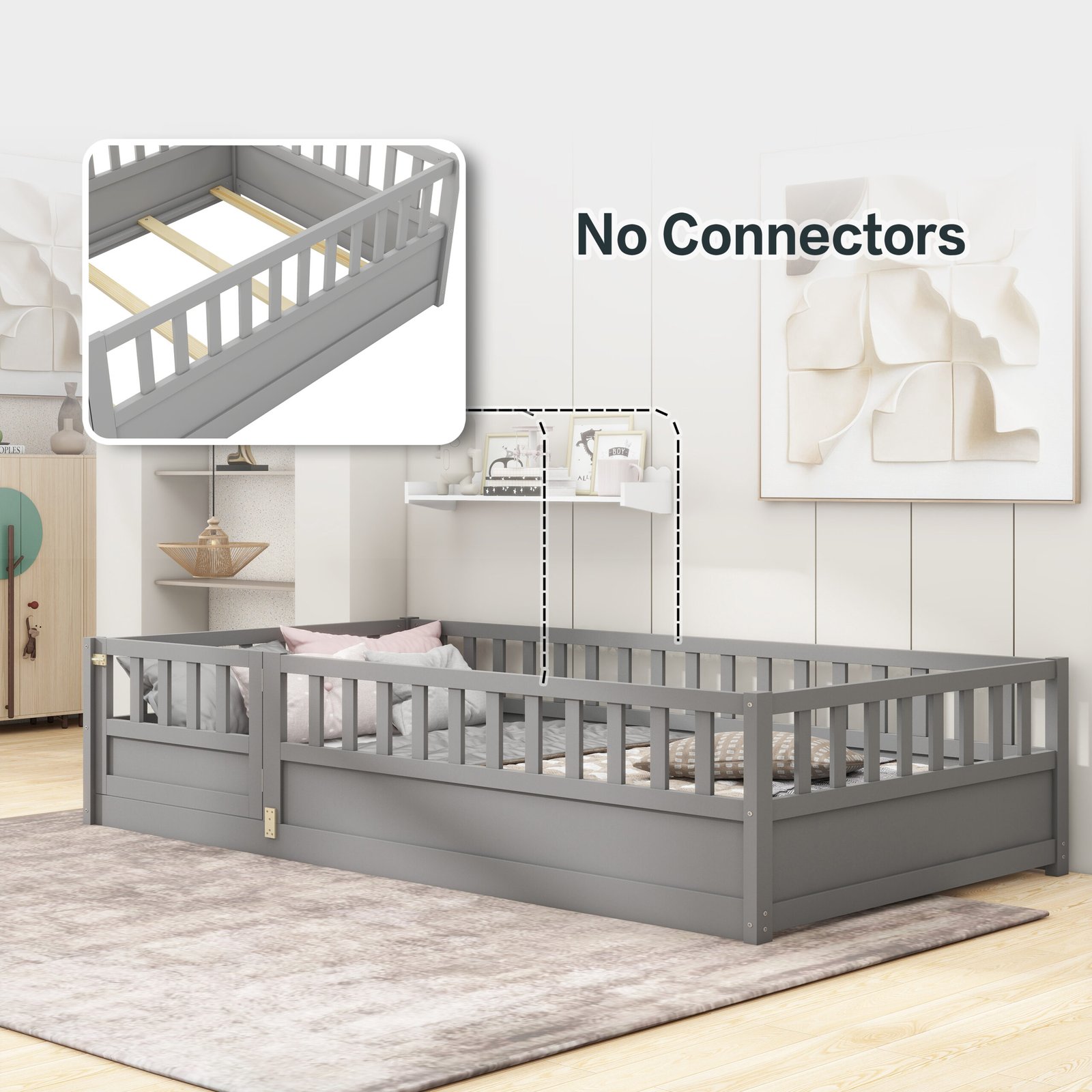 Twin Size Floor bed, integral construction with super high security barrier, door, children's floor bed frame, Montessori wooden children's floor bed, Support slat Grey photo review