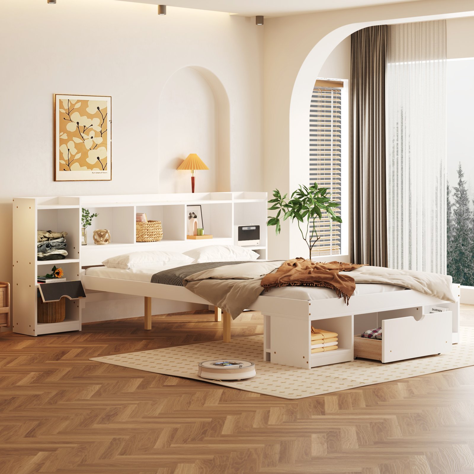 Queen Size Wood Platform Bed with Multi-storage Headboard and a Drawer, White photo review