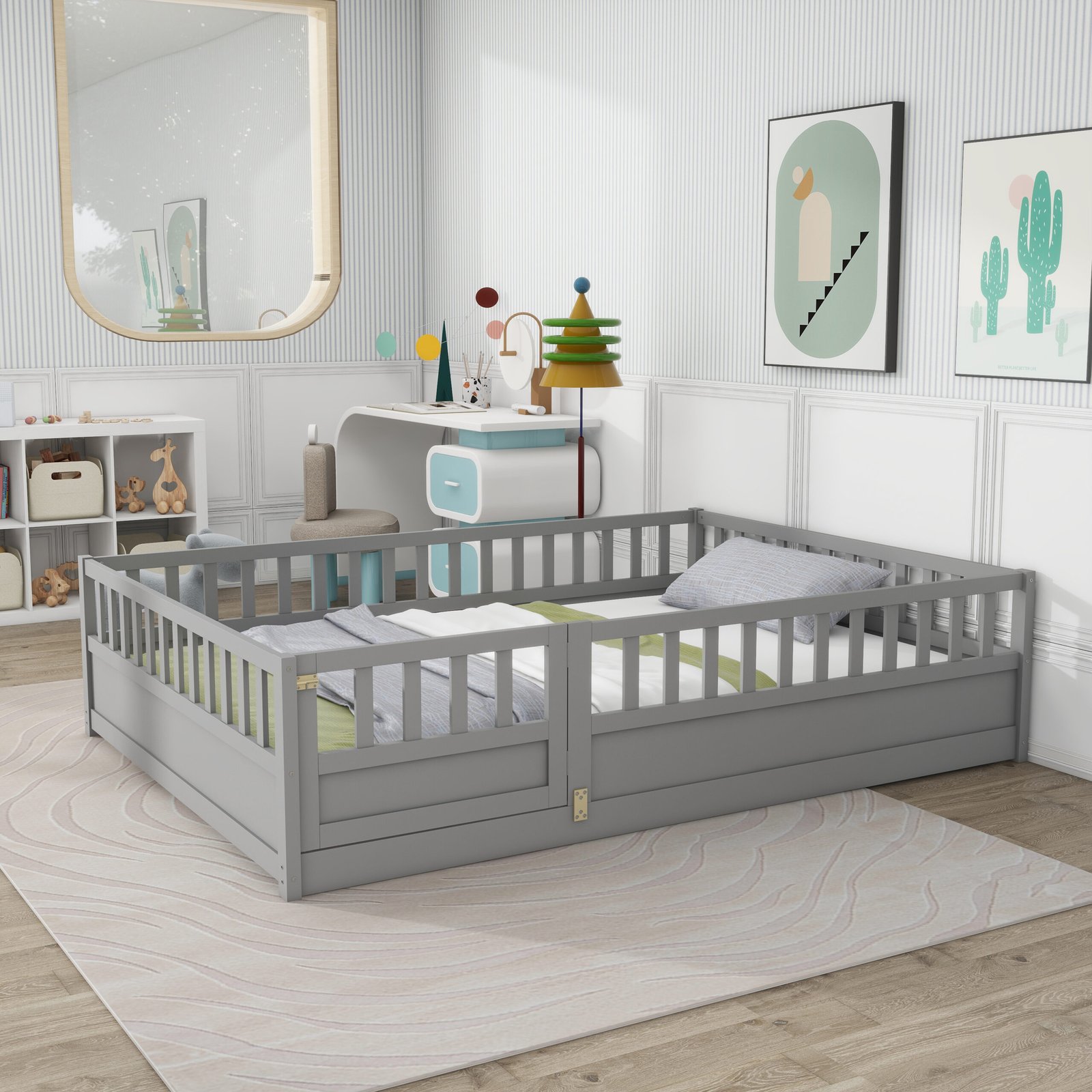 Full size  Floor bed, integral construction with super high security barrier, door, children's floor bed frame, Montessori wooden children's floor bed,  Grey photo review
