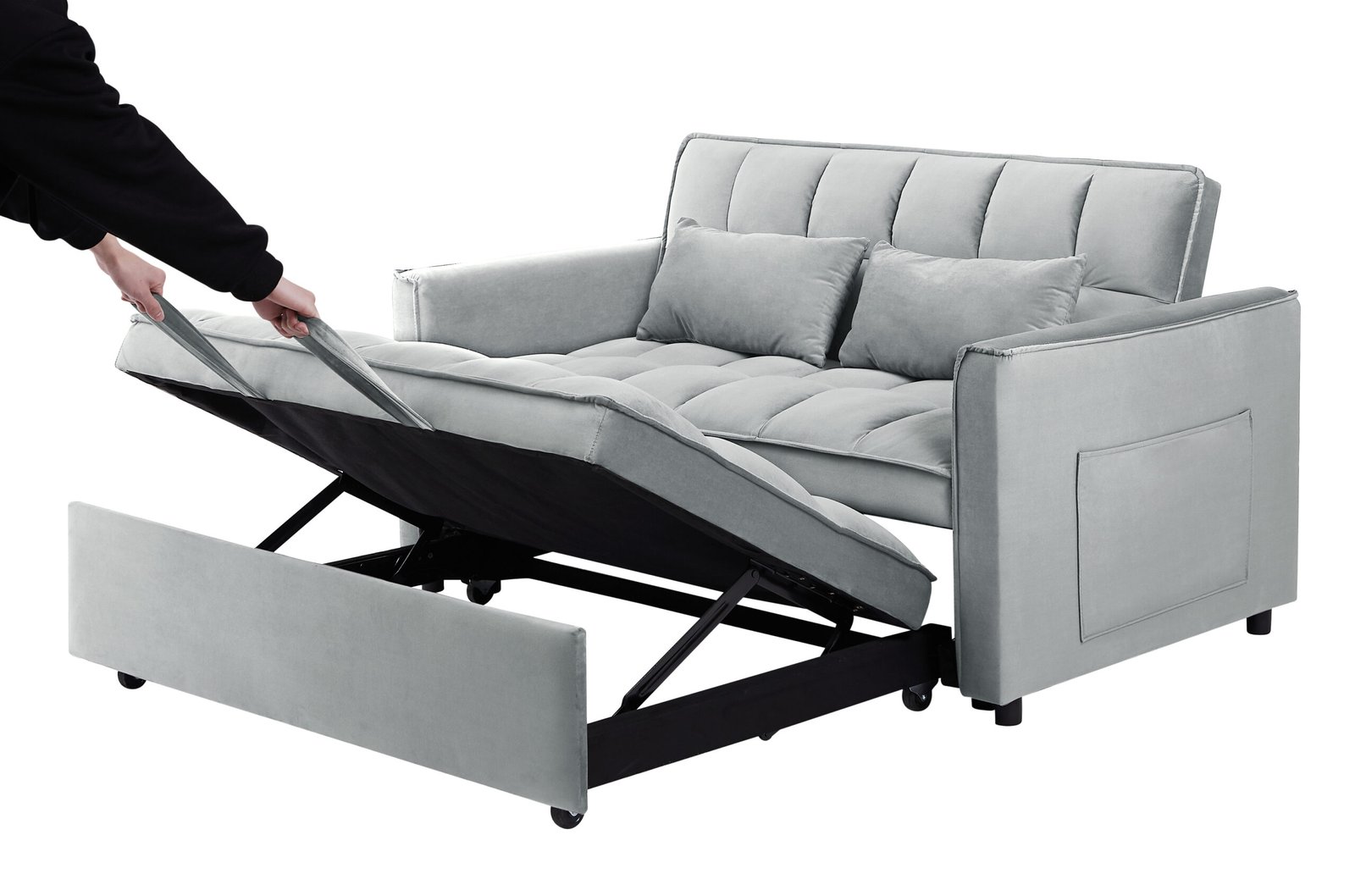 55.1-inch 3-in-1 convertible sofa bed, modern velvet double sofa Futon sofa bed with adjustable back, storage bag and pillow, for living room, bedroom (light gray) photo review