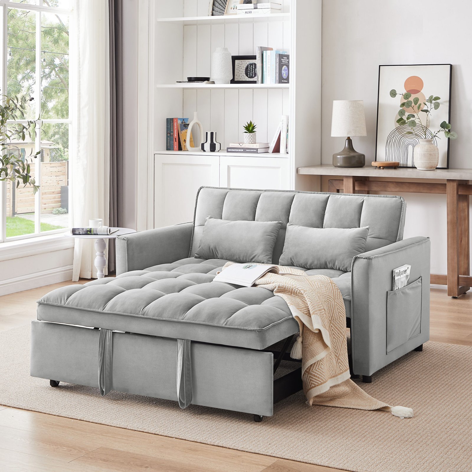 55.1-inch 3-in-1 convertible sofa bed, modern velvet double sofa Futon sofa bed with adjustable back, storage bag and pillow, for living room, bedroom (light gray) photo review