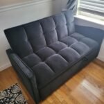 Modern Velvet Loveseat Futon Sofa Couch w/Pullout Bed,Small Love Seat Lounge Sofa w/Reclining Backrest,Toss Pillows, Pockets,Furniture for Living Room,3 in 1 Convertible Sleeper Sofa Bed, Black photo review
