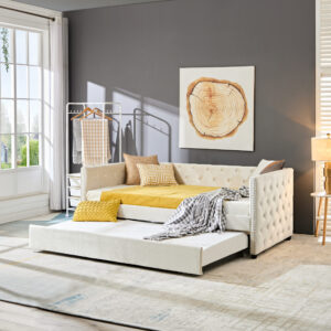 Daybed with Trundle  Sofa Bed, upgraded velvet upholstered sofa bed, with Button and Copper Nail on Square Arms,bedroom living room furniture (Beige,Twin,83.47"x41.91""x30.71"")"