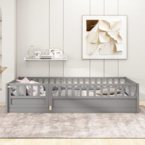 Twin Size Floor bed, integral construction with super high security barrier, door, children's floor bed frame, Montessori wooden children's floor bed, Support slat Grey