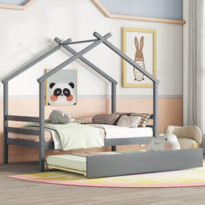 Twin Size House-shaped Bed with Trundle,Grey