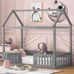 Twin Size Wood House Bed with Fence and Door, Gray(Old SKU: WF303131AAE)