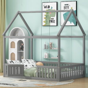 Full Size Wood House Bed with Fence and Door, Gray